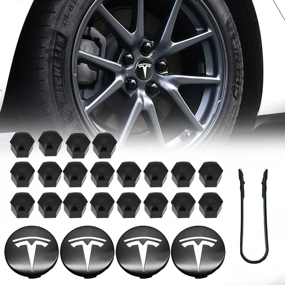 Svart Tesla Center Cap och Mutter Cap Kit